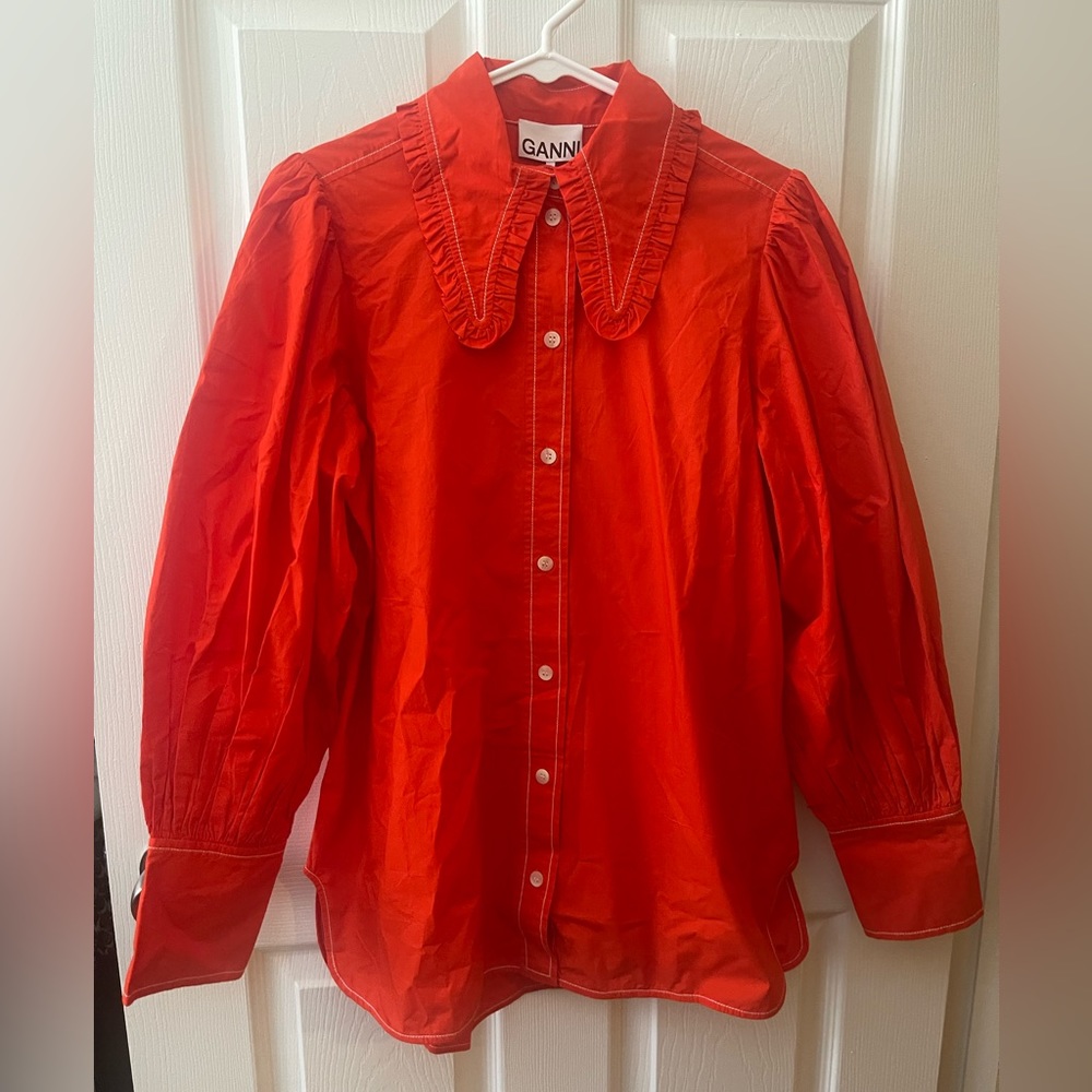 NWT Ganni Red Orange Ruffle Trim Poplin Shirt Size 38
